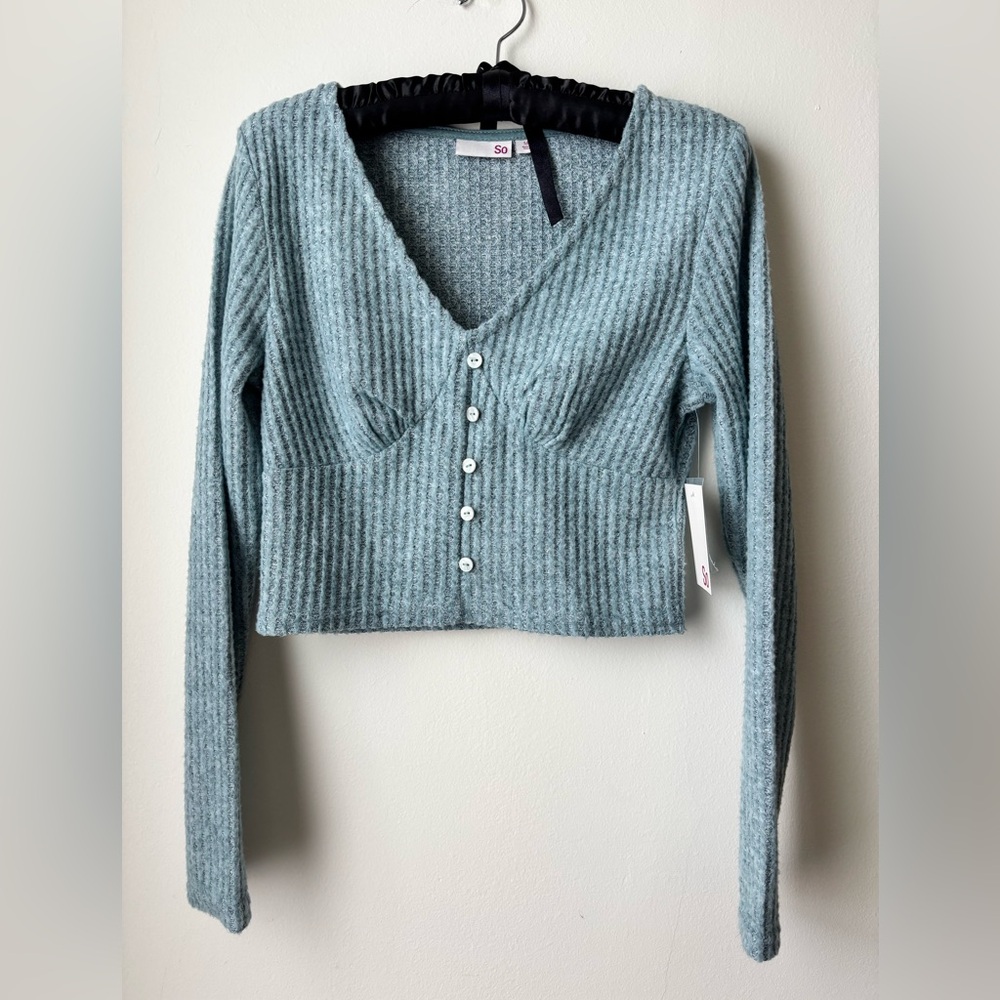 SO Ribbed Knit Waffle Button Knit Top in Teal Color NWT